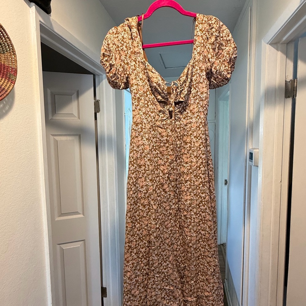 Astr Floral Midi Dress with Puff Sleeves